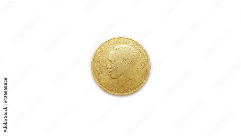 1966 Tanzania 20 Senti Ishirini Coin Front Side Isolated on White Background 1966 Tanzania 20 Senti Ishirini Coin Front Side Isolated on White Background