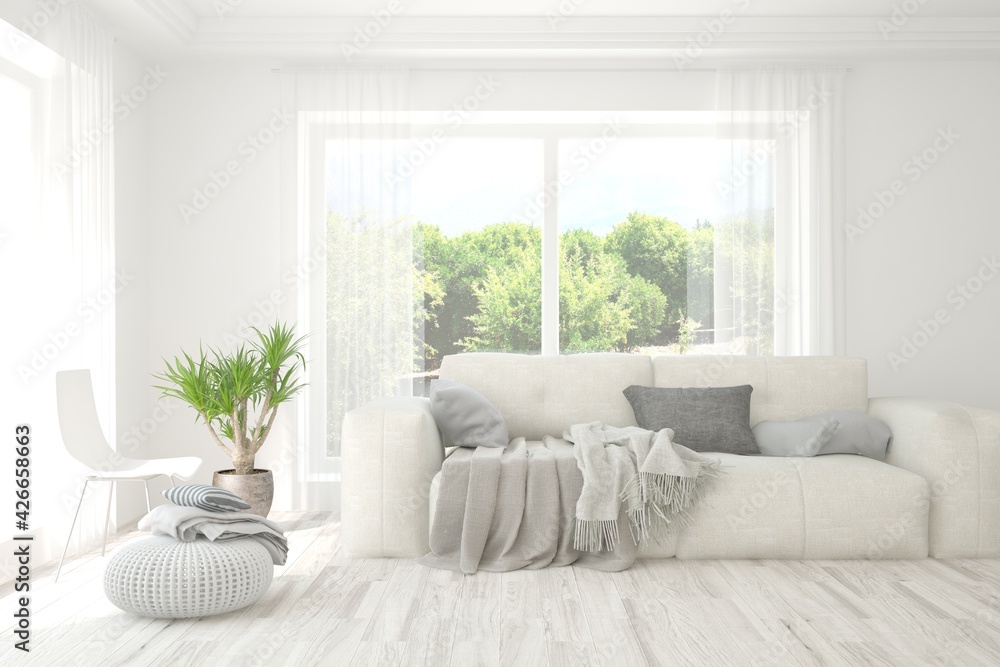White living room with sofa and summer landscape in window. Scandinavian interior design. 3D illustration White living room with sofa and summer landscape in window. Scandinavian interior design. 3D illustration