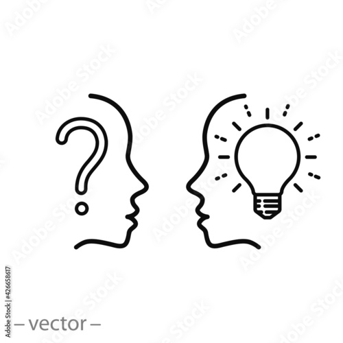 question and answer for problem, icon, man think, reflect or curious, solution doubt, wonder thinking person, idea or solving, thin line symbol on white background - editable stroke vector eps10