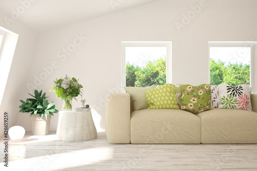 White living room with sofa and summer landscape in window. Scandinavian interior design. 3D illustration