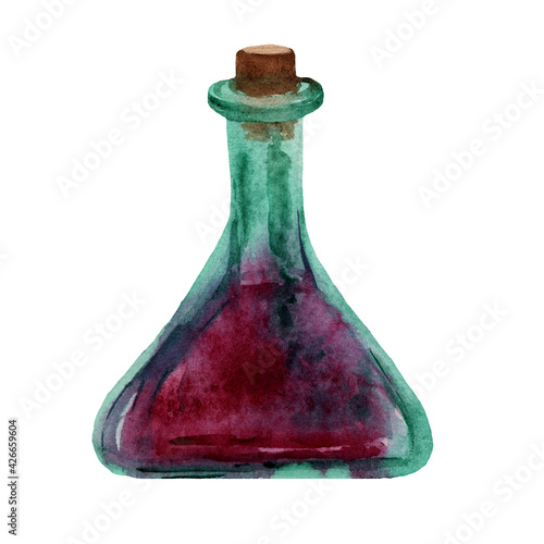 Watercolor hand drawn little green bottle of glass with stopper. Template of antique bottle with magical liquid. Design of witchcraft, magic stuff in cartoon style. Purple wine, aroma oil.