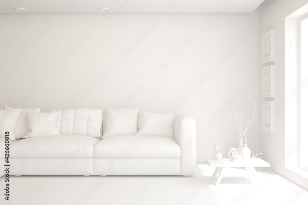 Mock up of minimalist living room in white color with sofa. Scandinavian interior design. 3D illustration Mock up of minimalist living room in white color with sofa. Scandinavian interior design. 3D illustration
