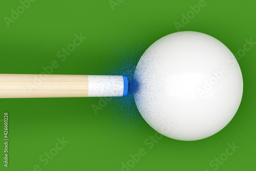 Cue stick hitting cue ball in a break on a pool or snooker table, 3D Illustration