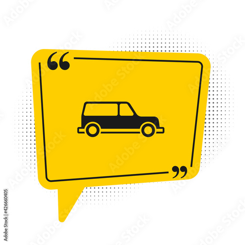 Black Hearse car icon isolated on white background. Yellow speech bubble symbol. Vector