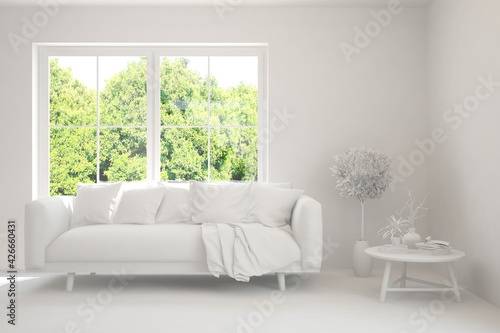 White living room with sofa and summer landscape in window. Scandinavian interior design. 3D illustration