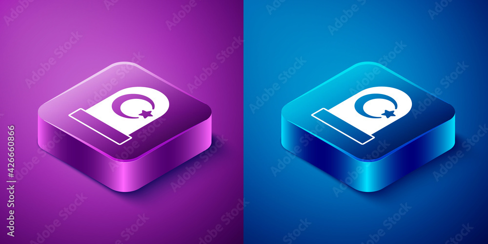 Isometric Muslim cemetery icon isolated on blue and purple background. Islamic gravestone. Square button. Vector Isometric Muslim cemetery icon isolated on blue and purple background. Islamic gravestone. Square button. Vector