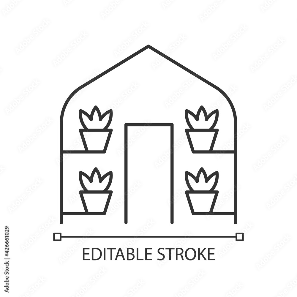 Greenhouses linear icon. Structure with walls and roof in which plants are in regulated climate. Thin line customizable illustration. Contour symbol. Vector isolated outline drawing. Editable stroke Greenhouses linear icon. Structure with walls and roof in which plants are in regulated climate. Thin line customizable illustration. Contour symbol. Vector isolated outline drawing. Editable stroke