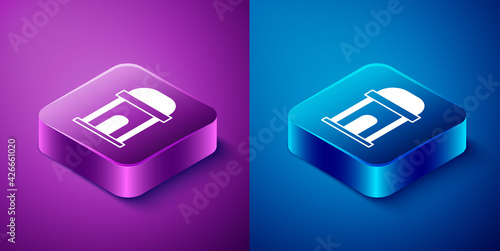Isometric Old crypt icon isolated on blue and purple background. Cemetery symbol. Ossuary or crypt for burial of deceased. Square button. Vector