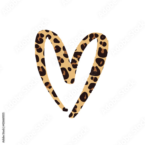 Leopard print textured hand drawn brush stroke heart shape. Vector design element for fashion print design, tag, card, backgrounds.
