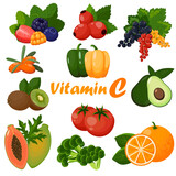 A-collection-of-foods-high-in-vitamin-C.-Fruits,-vegetables,-berries.-Vector-isolated-on-transparent-background