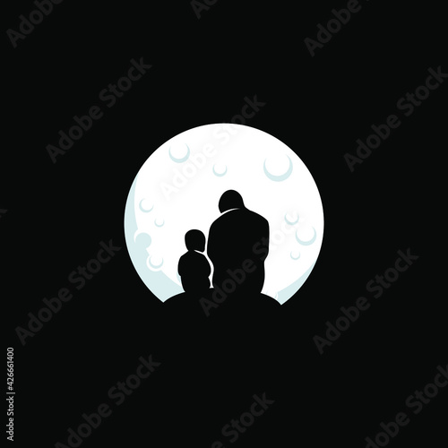 abstract symbol or logo of a father and children on the moon,
lovely family concept Father's Day card happiness moment.