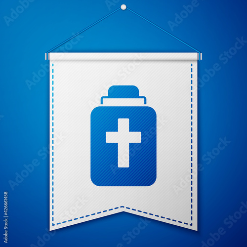 Blue Funeral urn icon isolated on blue background. Cremation and burial containers, columbarium vases, jars and pots with ashes. White pennant template. Vector