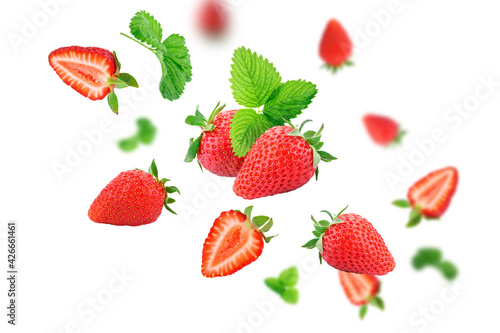 Fototapeta Naklejka Na Ścianę i Meble -  Strawberry berries levitating on a white background. Isolated object on a white background. Horizontal.