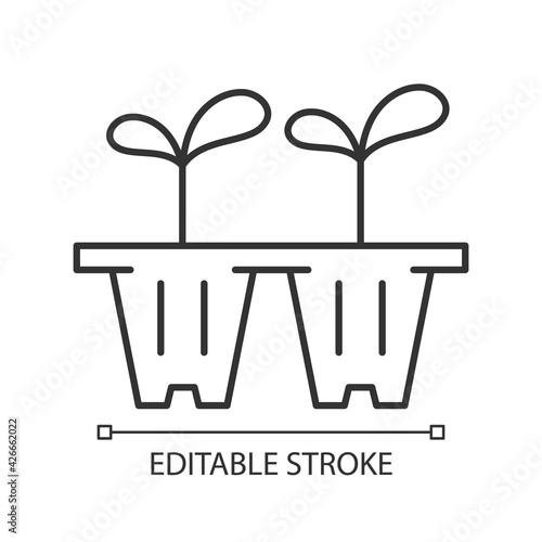 Seedling trays linear icon. Temporary containers that hold plants from seed to seedling stage. Thin line customizable illustration. Contour symbol. Vector isolated outline drawing. Editable stroke