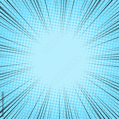 Radial Speed Line background. Vector illustration. Comic book black and blue radial lines background. Halftone.