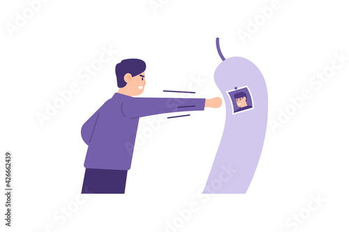 illustration of a man punching or hitting a punching bag with a photo of his enemy on it. venting anger. harbor a grudge. boxing practice. flat style. vector design