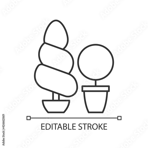 Topiaries and evergreens linear icon. Horticultural practice of training perennial plants. Thin line customizable illustration. Contour symbol. Vector isolated outline drawing. Editable stroke