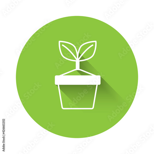 White Plant in pot icon isolated with long shadow. Plant growing in a pot. Potted plant sign. Green circle button. Vector