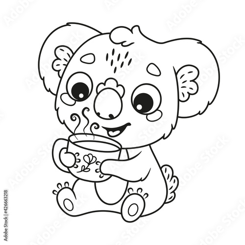 Cute koala drinking hot drink coloring page. Black and white outline cartoon illustration