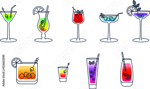 Set of classic and tropical cocktails 
Mixed alcoholic non-alcoholic drink
