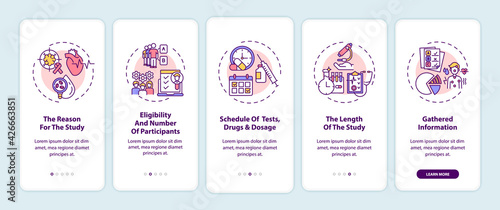 Clinical trial protocol components onboarding mobile app page screen with concepts. Study process walkthrough 5 steps graphic instructions. UI, UX, GUI vector template with linear color illustrations
