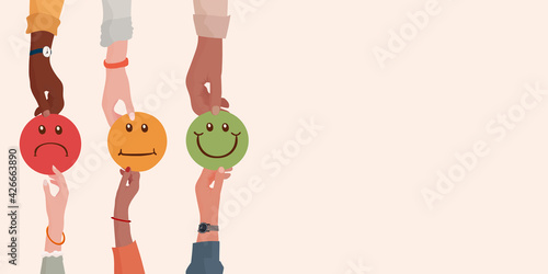 Customer service evaluation concept. Quality and service satisfaction. Hand giving another hand a smiley face with a dislike average and like rating.Satisfied  metaphor.Rating. Feedback