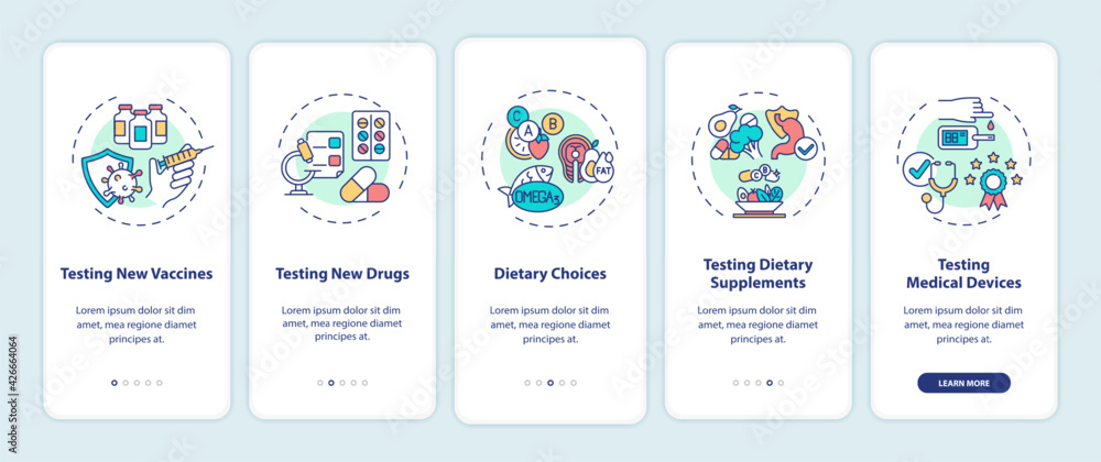 Clinical trials types onboarding mobile app page screen with concepts. New vaccines, drugs, diet walkthrough 5 steps graphic instructions. UI, UX, GUI vector template with linear color illustrations