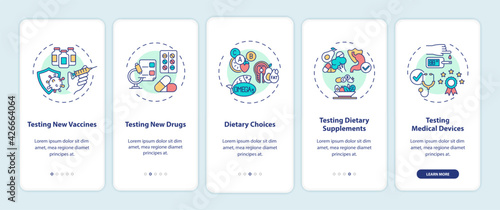 Clinical trials types onboarding mobile app page screen with concepts. New vaccines, drugs, diet walkthrough 5 steps graphic instructions. UI, UX, GUI vector template with linear color illustrations