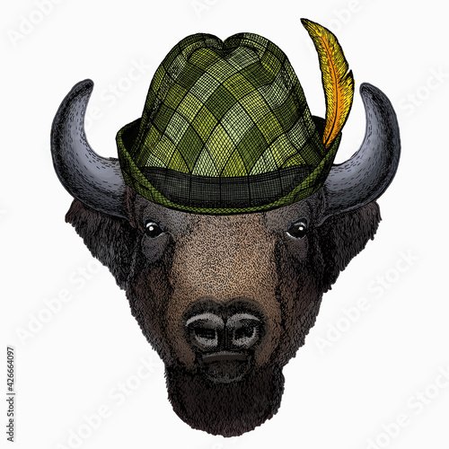 Vector bison head. Portrait of bull, buffalo. Animal with tirol hat. Traditional headdress.