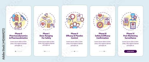 Clinical trials phases onboarding mobile app page screen with concepts. Dosage, efficacy control walkthrough 5 steps graphic instructions. UI, UX, GUI vector template with linear color illustrations