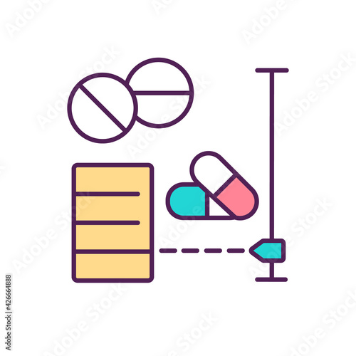 Measuring and dispensing drugs RGB color icon. Medicine manufacturing. Pharmaceutical calculations. Drug products study. Tablets analysis for treatment. Drug development. Isolated vector illustration