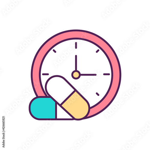 Assessing medicine efficacy RGB color icon. Duration uses. Effective medication. Evaluating short-term and long-term drug effects. Pharmacotherapy effectiveness measuring. Isolated vector illustration