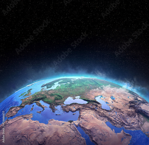 Fototapeta Naklejka Na Ścianę i Meble -  Surface of Planet Earth, high detailed satellite view of the world from space. 3D illustration - Elements of this image furnished by NASA