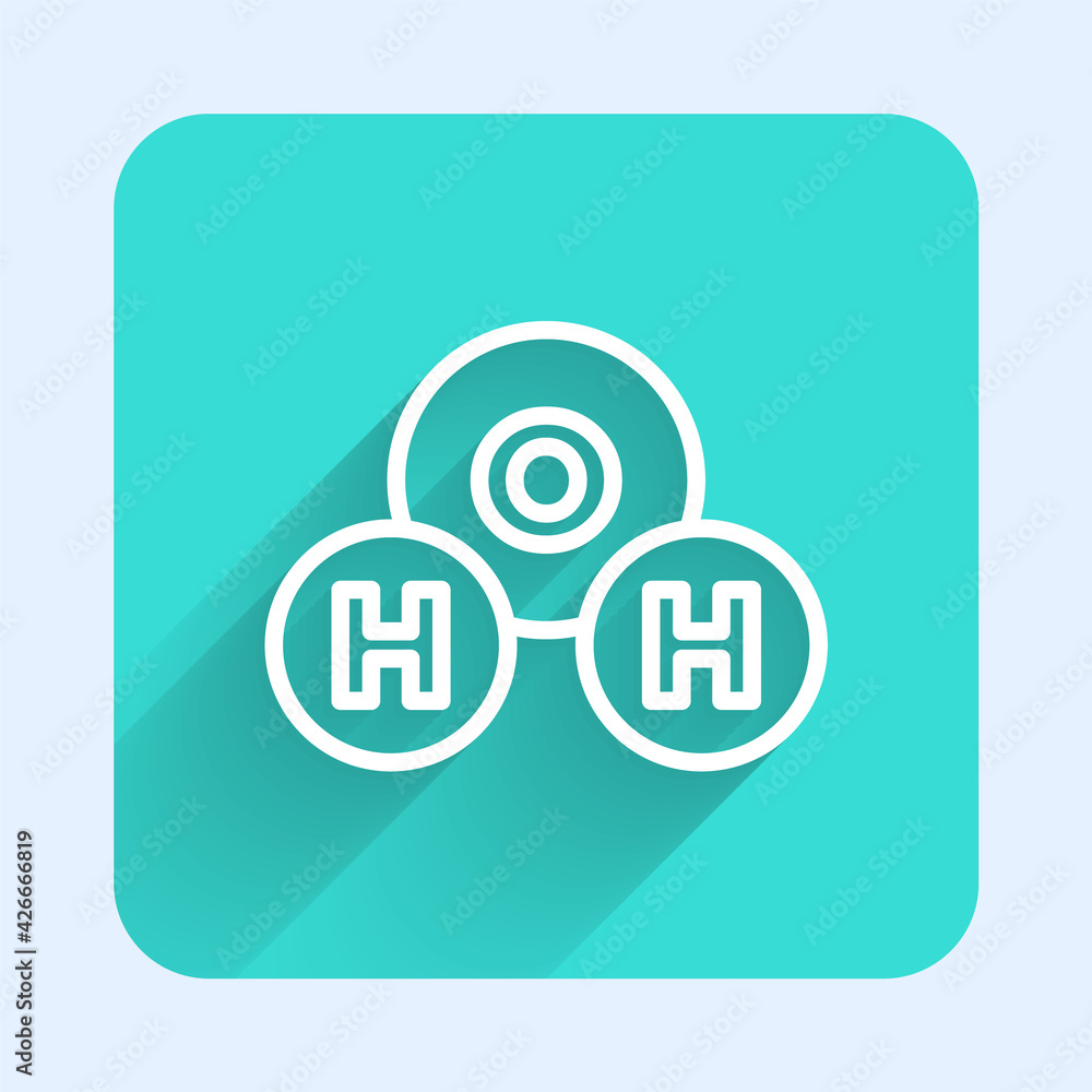 White line Chemical formula for water drops H2O shaped icon isolated with long shadow. Green square button. Vector White line Chemical formula for water drops H2O shaped icon isolated with long shadow. Green square button. Vector