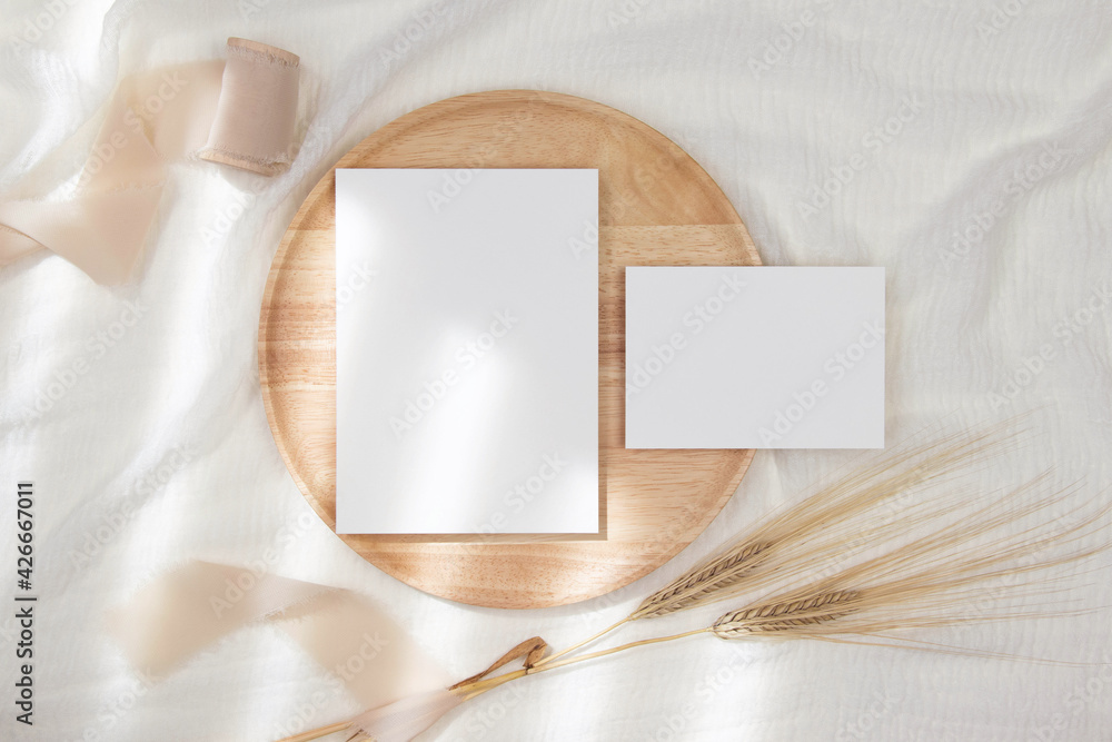 Set of card mockup on wooden plate Set of card mockup on wooden plate