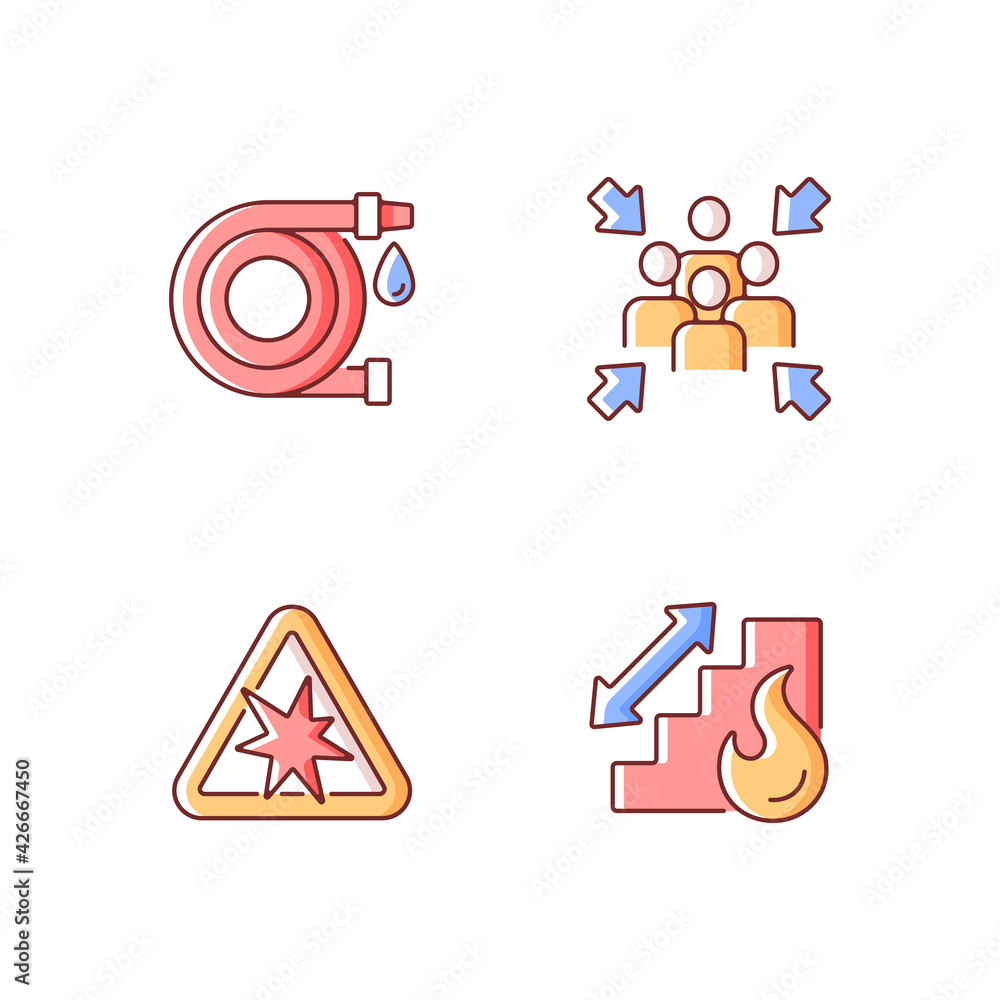 Office fire safety instructions RGB color icons set. Water hose. Assembly point. Risk of explosion. Stairs for emergency evacuation. Hazard regulation and guidance. Isolated vector illustrations Office fire safety instructions RGB color icons set. Water hose. Assembly point. Risk of explosion. Stairs for emergency evacuation. Hazard regulation and guidance. Isolated vector illustrations