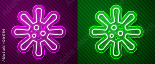 Glowing neon line Bacteria icon isolated on purple and green background. Bacteria and germs, microorganism disease causing, cell cancer, microbe, virus, fungi. Vector