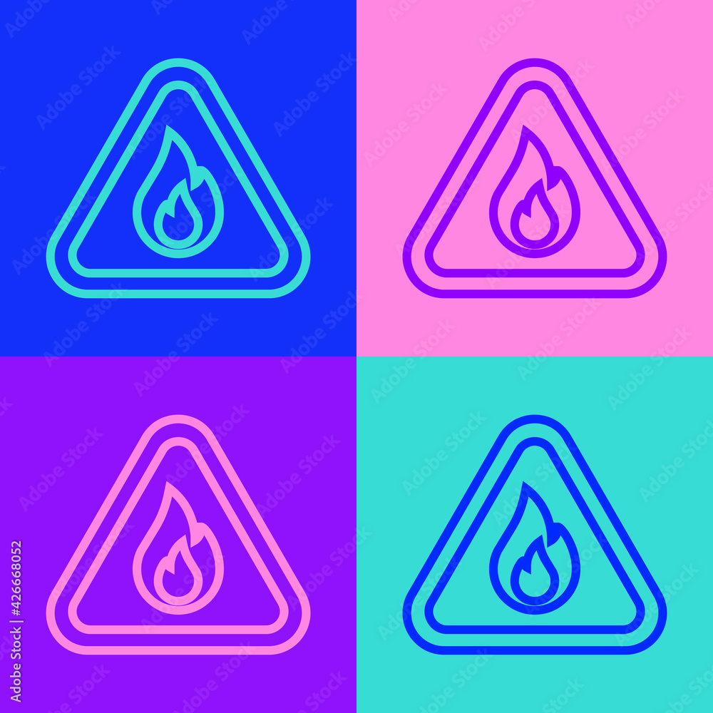 Pop art line Fire flame in triangle icon isolated on color background. Warning sign of flammable product. Vector Pop art line Fire flame in triangle icon isolated on color background. Warning sign of flammable product. Vector