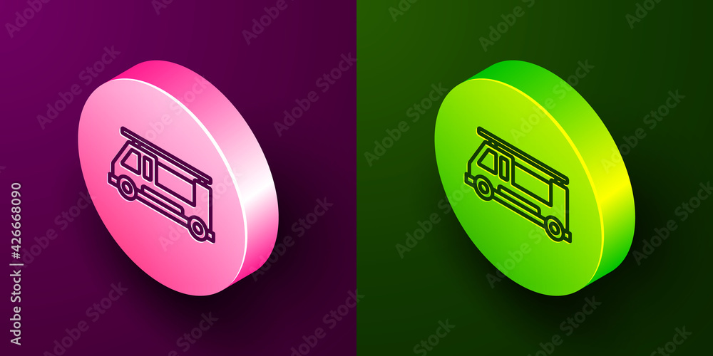 Isometric line Fire truck icon isolated on purple and green background. Fire engine. Firefighters emergency vehicle. Circle button. Vector Isometric line Fire truck icon isolated on purple and green background. Fire engine. Firefighters emergency vehicle. Circle button. Vector