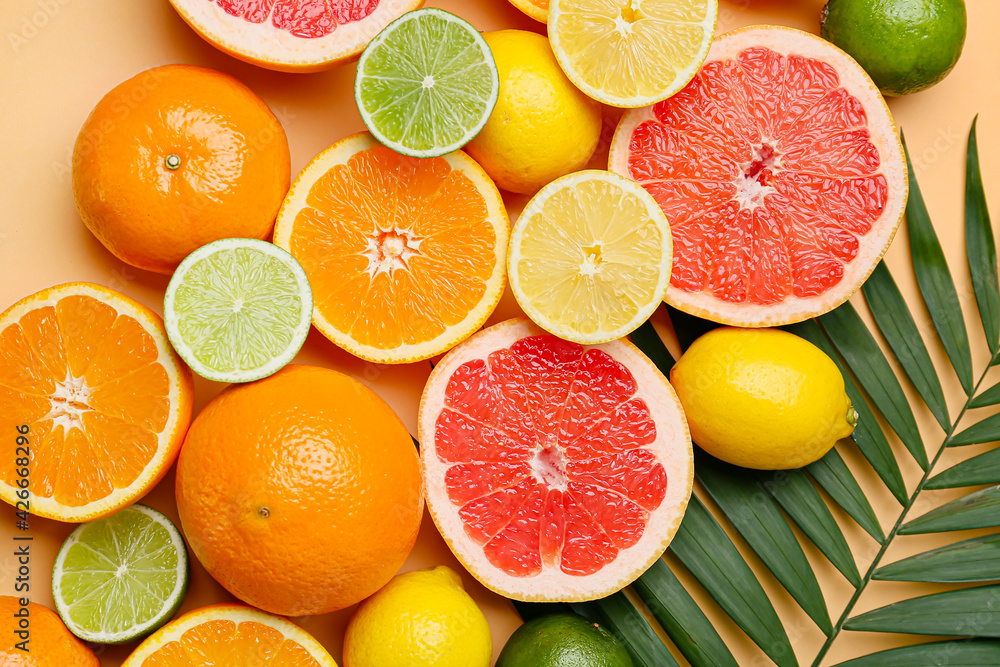 Fresh citrus fruits on color background Fresh citrus fruits on color background