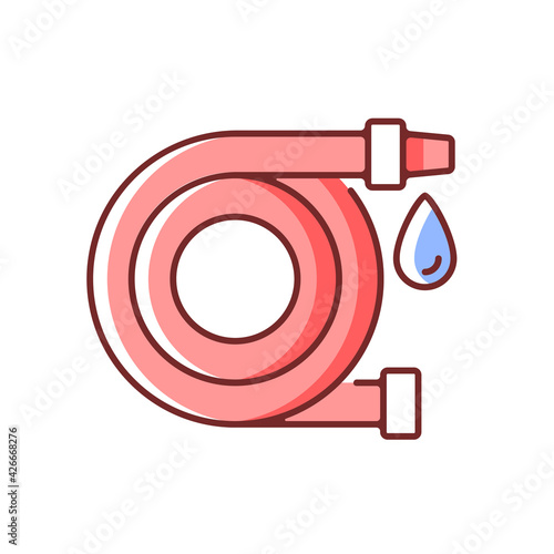 Fire hose RGB color icon. Equipment for putting out flames. Water supply for extinguishing. Firefighters rescue. Fire safety regulation, emergency assistance. Isolated vector illustration