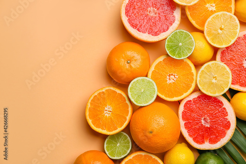 Fresh citrus fruits on color background