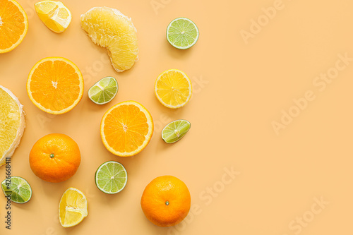 Fototapeta Naklejka Na Ścianę i Meble -  Fresh citrus fruits on color background
