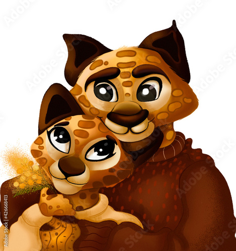 A cute  loving couple of lynx characters in cozy winter sweaters in an embrace. Illustration.