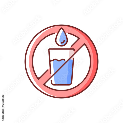 Not drinking water RGB color icon. Restriction for fluid usage. Forbidden fluid use. Label for precaution. Fire safety regulation and emergency guidance. Isolated vector illustration