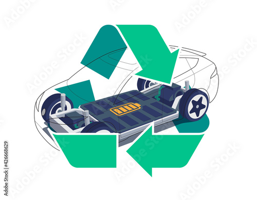 Modern electric car chassis design battery modular platform skateboard module pack board with green recycling symbol sign.  Recycle vehicle components battery cell pack, motor powertrain, controller.