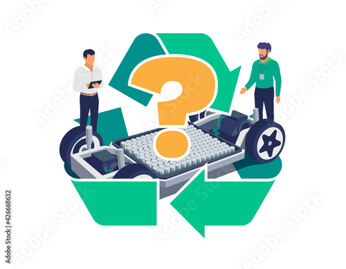 Automobile engineers working with tablet computer solving battery recycle problem on electric car chassis design. Modular cell platform skateboard module pack board with green recycling symbol sign.