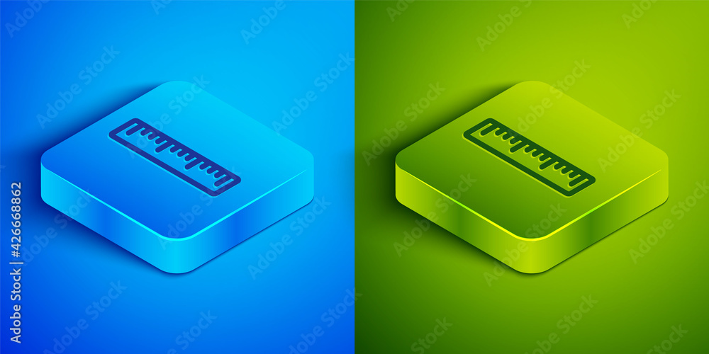 Isometric line Ruler icon isolated on blue and green background. Straightedge symbol. Square button. Vector Isometric line Ruler icon isolated on blue and green background. Straightedge symbol. Square button. Vector