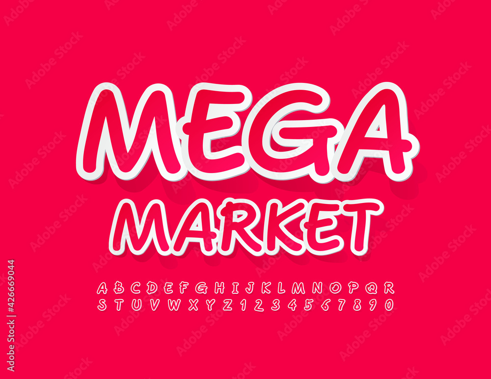 Vector business logo Mega Market with Handwritten Font. Set of sticker Alphabet letters and Numbers