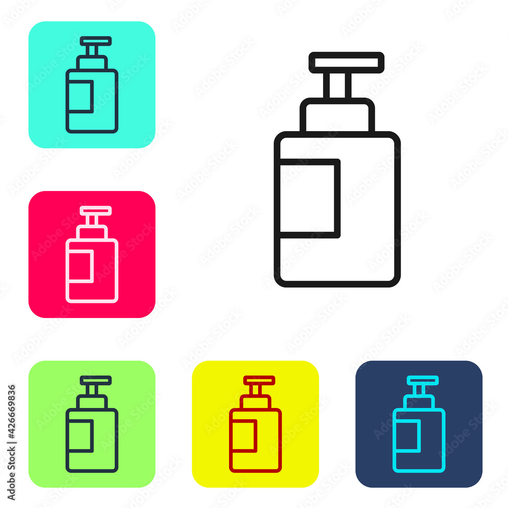 Black line Hand sanitizer bottle icon isolated on white background. Disinfection concept. Washing gel. Alcohol bottle for hygiene. Set icons in color square buttons. Vector Black line Hand sanitizer bottle icon isolated on white background. Disinfection concept. Washing gel. Alcohol bottle for hygiene. Set icons in color square buttons. Vector